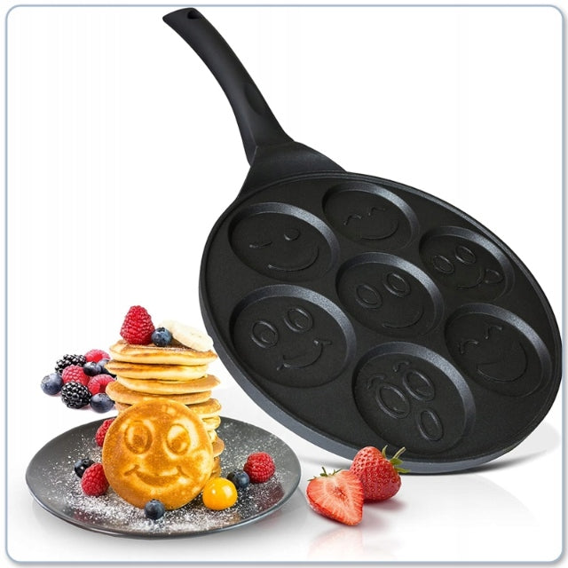 Tigaie antiaderenta pentru mini clatite, mic dejun, Smiley Face- 7 forme, pentru copii, granit, neagra, plite gaz si electrice