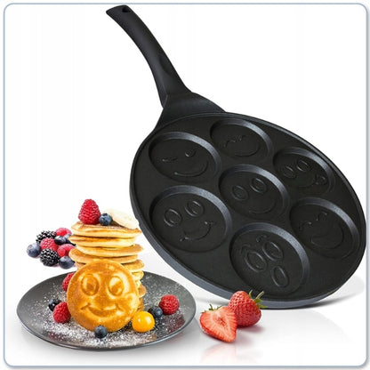 Tigaie antiaderenta pentru mini clatite, mic dejun, Smiley Face- 7 forme, pentru copii, granit, neagra, plite gaz si electrice