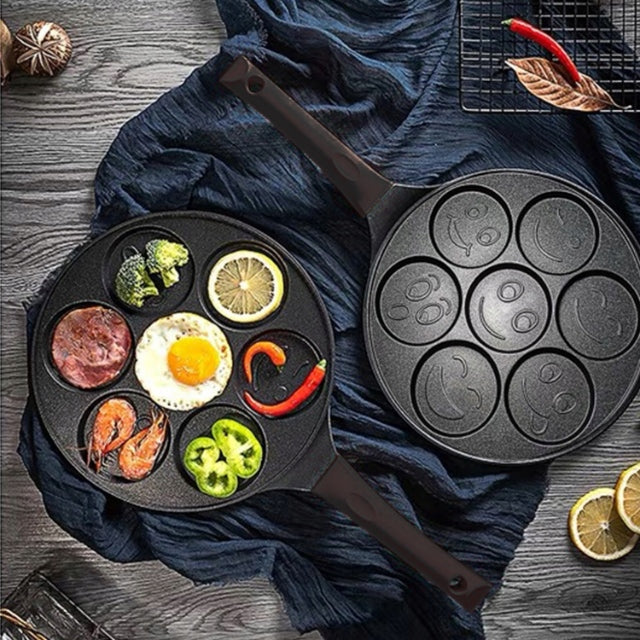 Tigaie antiaderenta pentru mini clatite, mic dejun, Smiley Face- 7 forme, pentru copii, neagra