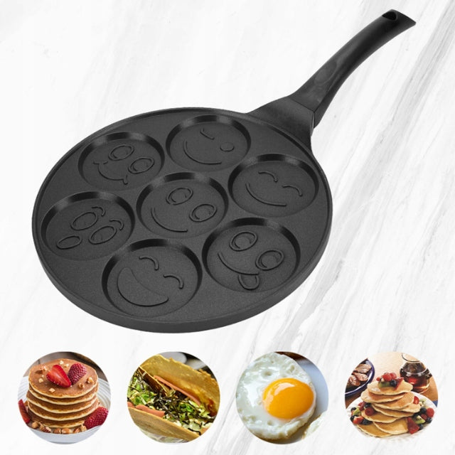 Tigaie antiaderenta pentru mini clatite, mic dejun, Smiley Face- 7 forme, pentru copii, neagra