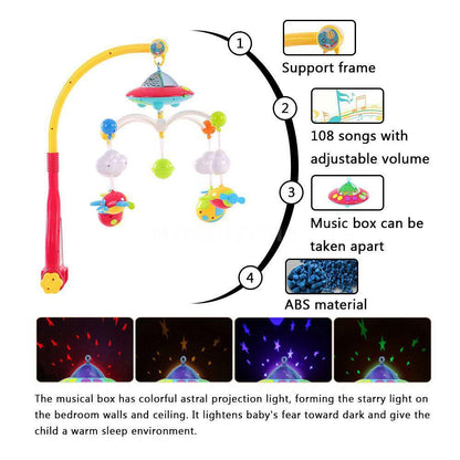 Carusel muzical Starry Night AKU cu Telecomanda, 108 melodii, Proiectie astrala color cu 4 figurine, jucarie pentru bebelusi AK6315