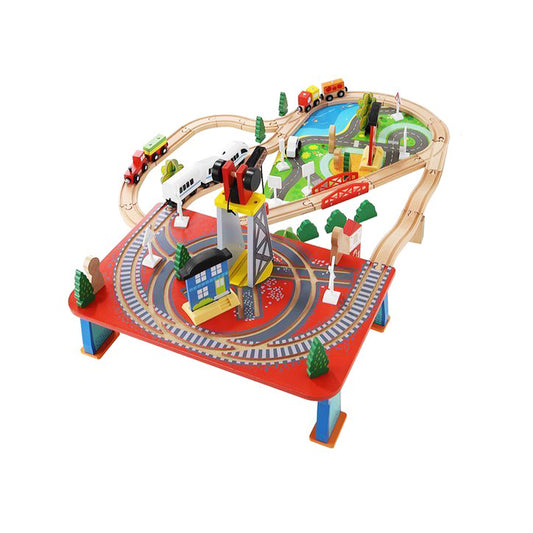 Trenulet electric 3D AKU din lemn Ecologic 88 piese, Lungime circuit 3.3 metri, Jucarie pentru Copii si Adulti AK8030