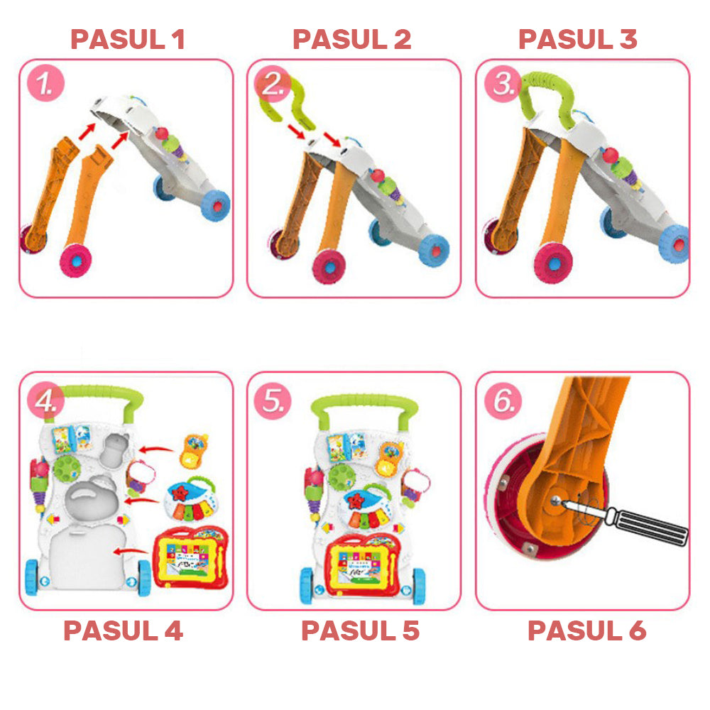 Premergator Baby Walker, multifunctional, pentru bebe, 7 jucarii montabile, Alb
