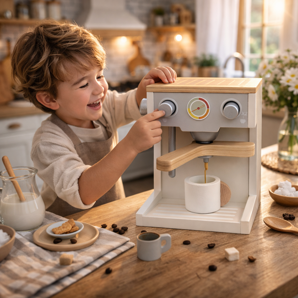 Aparat de cafea Montessori din lemn pentru copii Little Barista