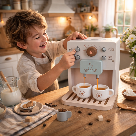 Aparat de cafea din lemn pentru copii IdealStore cu accesorii