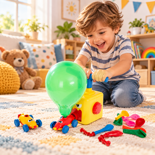 Set Lansator de Baloane CAR POWER IdealStore, 13 X 13 X 22 cm, Multicolor, Include dispozitiv pentru umflarea baloanelor, Lansator,12 baloane, crab, 2 masini,1 cosmonaut,1 racheta, Galben