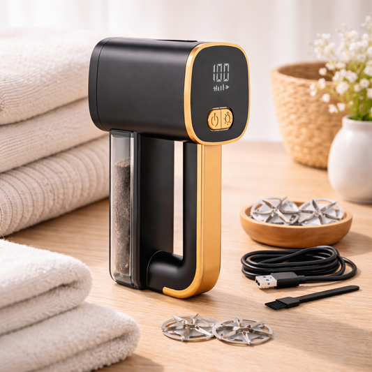 Aparat electric pentru curatarea scamelor haine idealSTORE, reincarcabil USB-C, afisaj digital, 6 lame inox, 3 viteze