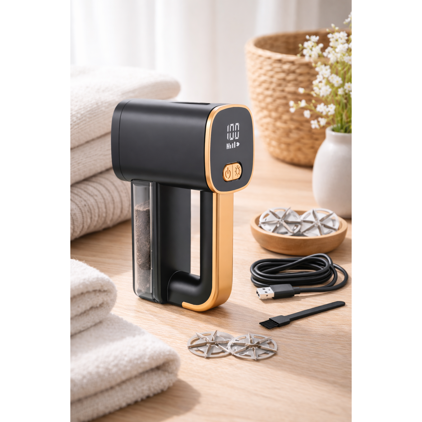 Aparat electric pentru curatarea scamelor haine idealSTORE, reincarcabil USB-C, afisaj digital, 6 lame inox, 3 viteze