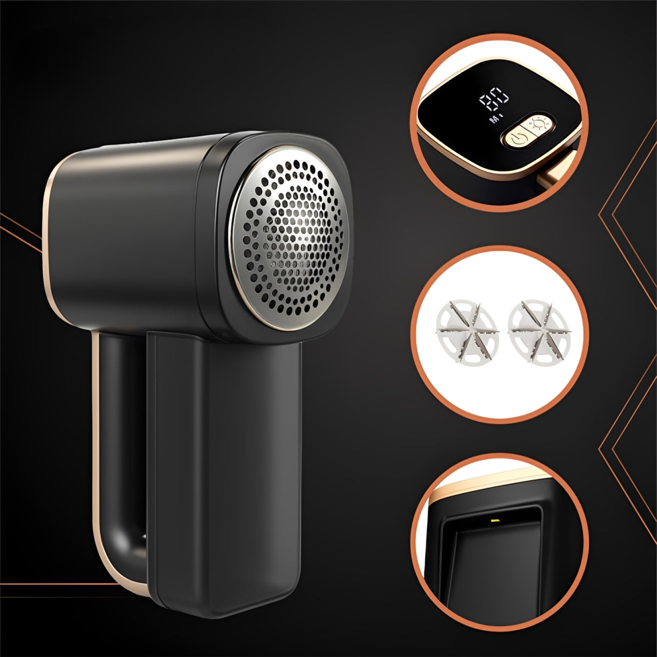 Aparat electric pentru curatarea scamelor haine idealSTORE, reincarcabil USB-C, afisaj digital, 6 lame inox, 3 viteze