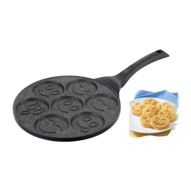 Tigaie Plata Profesionala pentru Oua si Clatite Welora cu 7 Sectiuni - Design Smileys, Strat Antiaderent, Granit, Diametru 26,5 cm, Grosime 1,3 cm, pentru Sobele pe gaz si electrice, Cu Exceptia celor cu Inductie - Culoare Neagra