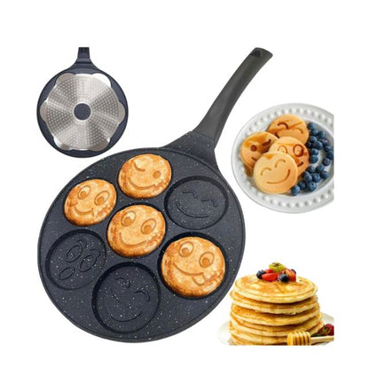 Tigaie Plata Profesionala pentru Oua si Clatite Welora cu 7 Sectiuni - Design Smileys, Strat Antiaderent, Granit, Diametru 26,5 cm, Grosime 1,3 cm, pentru Sobele pe gaz si electrice, Cu Exceptia celor cu Inductie - Culoare Neagra