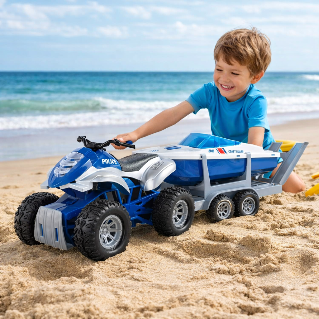 Jucarie 2in1 ATV cu Barca Politie Coast Guard cu Lumini si Sunete