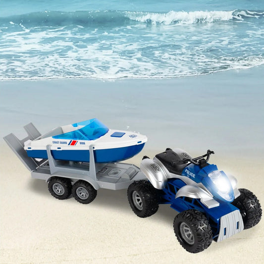 Jucarie 2in1 ATV cu Barca Politie Coast Guard cu Lumini si Sunete