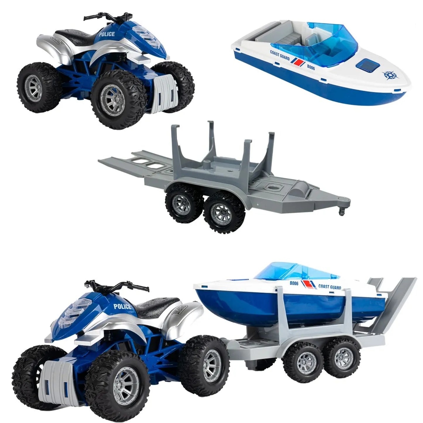 Jucarie 2in1 ATV cu Barca Politie Coast Guard cu Lumini si Sunete
