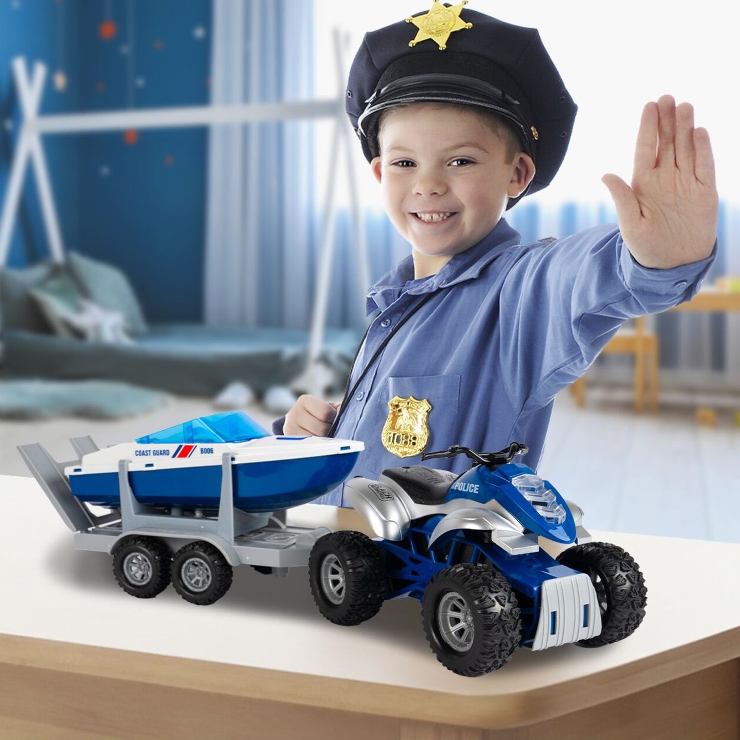 Jucarie 2in1 ATV cu Barca Politie Coast Guard cu Lumini si Sunete
