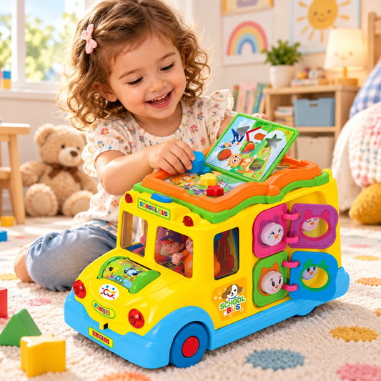 Jucarie Interactiva Idl Crazy School Bus, jocuri de lumini, diverse modalitati de invatare, sunete animale, schimbarea autmata a directiei de mers