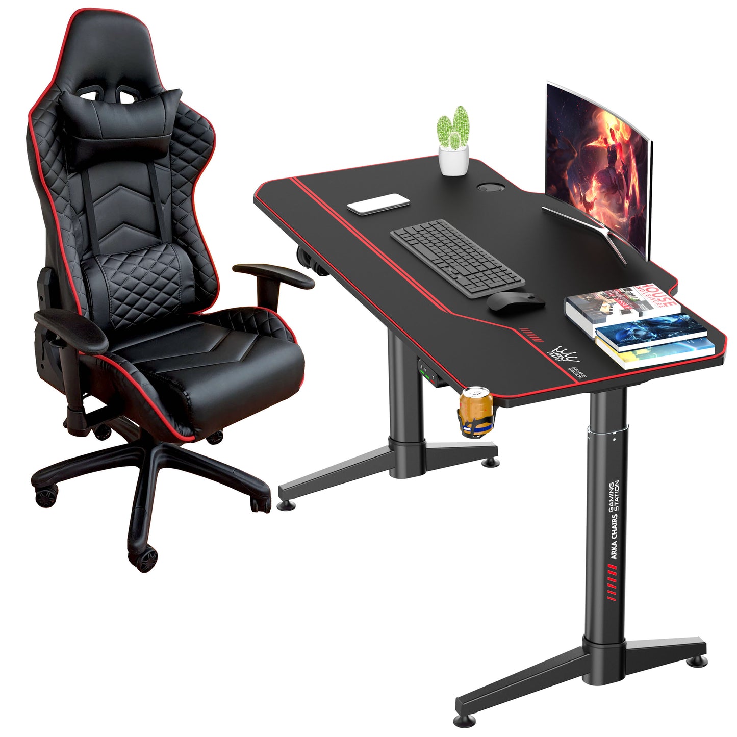 Birou gaming Arka Chairs Z14 Electric, 2 motoare, reglaj electric inaltime 140x66cm Profesional black pentru 2 monitoare, suprafata black carbon