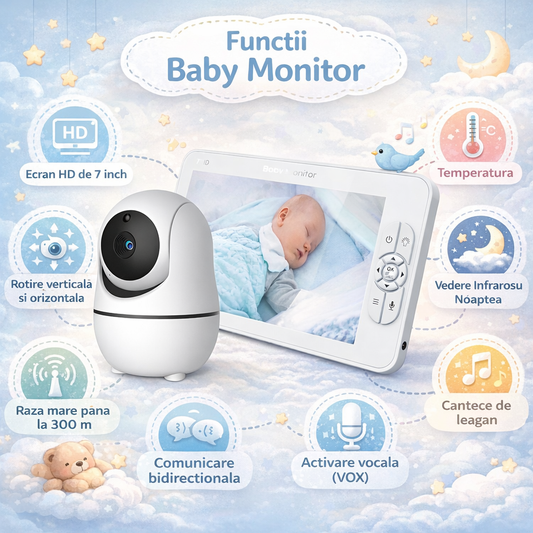 Baby Monitor ShineBaby idealSTORE, Ecran HD de 7 inch, Rotire Verticala si Orizontala,Raza mare de actiune pana la 300m