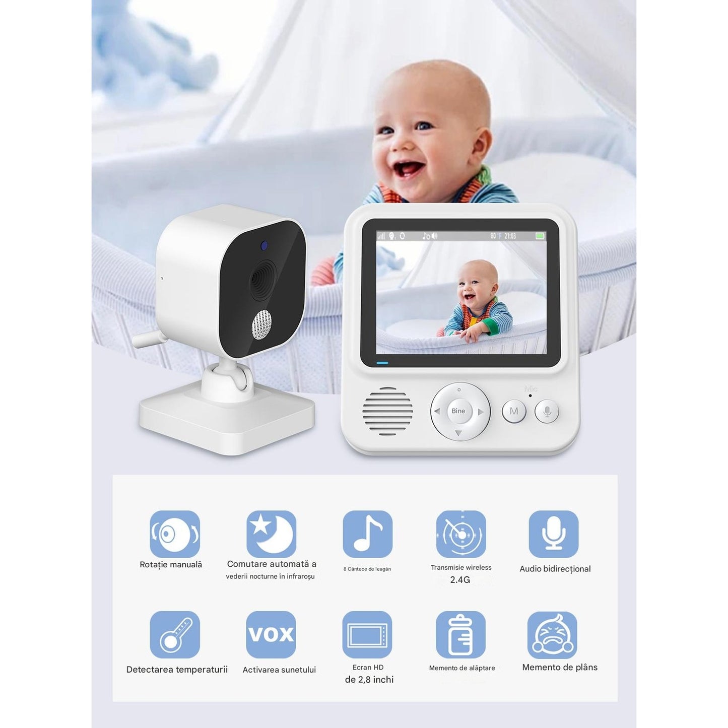 Baby Monitor Digital Wireless Audio-Video Smart BabyCam idealSTORE, Ecran HD 2, 8 inch LCD