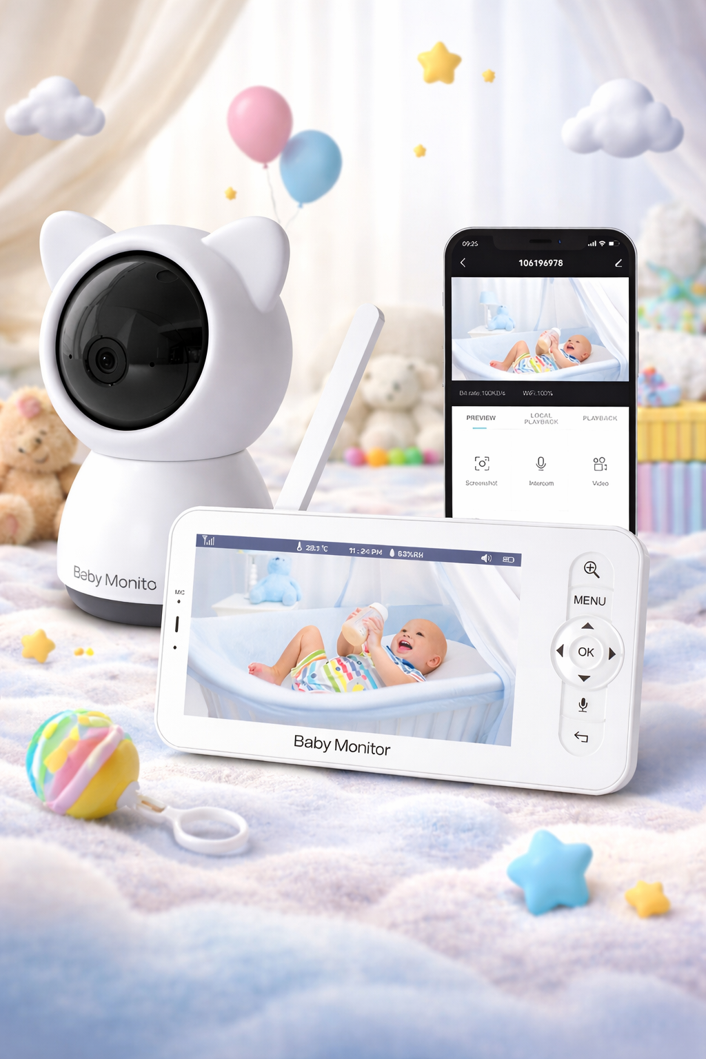 Baby Monitor IdealStore, Ecran HD de 5 inch, Monitorizare temperatura, Raza mare de actiune 300m