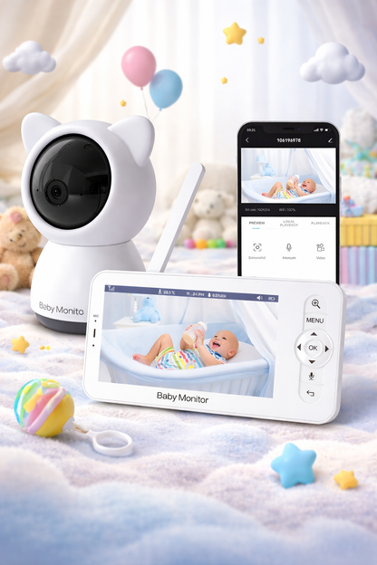 Baby Monitor IdealStore, Ecran HD de 5 inch, Monitorizare temperatura, Raza mare de actiune 300m
