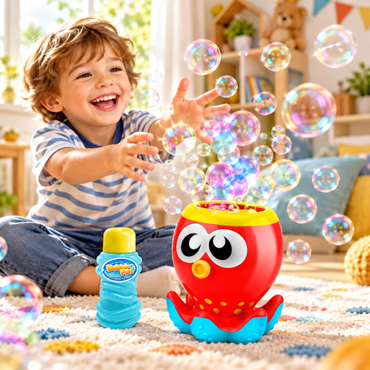 Aparat de facut baloane din sapun Bubble Octopus Idealstore in forma de caracatita, Din plastic, Dimensiune 18 X 18 X 20 cm, Solutie din sapun inclusa in pachet, Ideal pentru o zi distractiva de vara