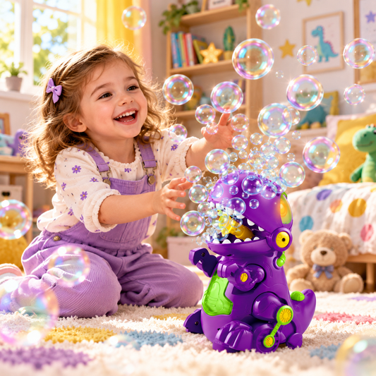 Aparat de facut baloane din sapun Bubble Dino Idealstore in forma de dinozaur, Din plastic, Dimensiune 11.5 X 16 X 21 cm, Lumineaza, Reda melodii si se Plimba, Solutie din sapun inclusa in pachet, Ideal pentru o zi distractiva de vara