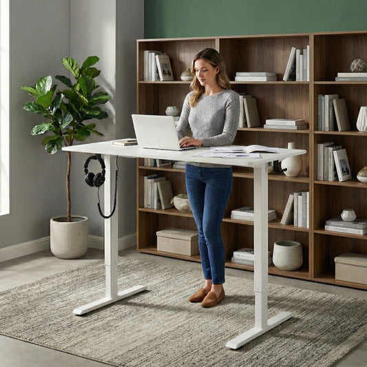 Birou electric reglabil pe inaltime office idealSTORE MordenOffice 120x60 cm alb memorie 3 pozitii