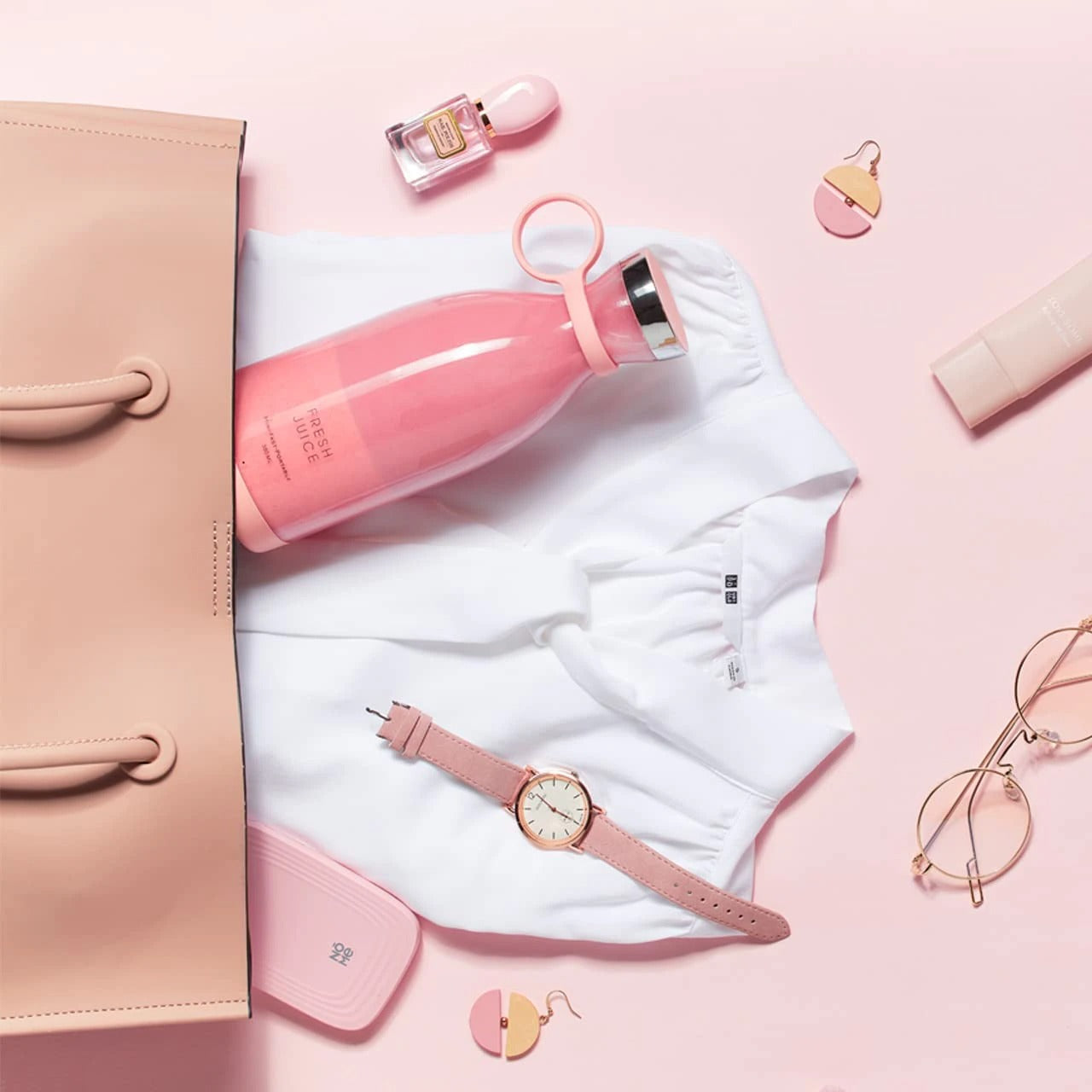 Mini Blender portabil cu acumulator, 50W, 1400 mAh, incarcare wireless, Waterproof, 350 ml, Roz