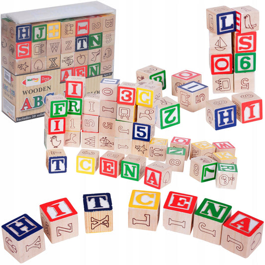 Blocuri din Lemn ABC-123 idealSTORE, Include 50 de Piese, Diverse Culori, Fara Margini Ascutite, Perfecte Pentru a Invata Literele si Cifrele, Geanta de Depozitare Inclusa, Multicolore