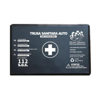 Kit siguranta rutiera auto 1 trusa sanitara omologata, 1 stingator cu manometru 1kg, 2 triunghiuri reflectorizante, 1 vesta reflectorizanta, geanta depozitare