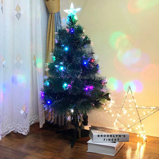 Brad Artificial de Craciun cu Fibra Optica idealStore, Inaltime 90cm, 41 Led-uri Multicolore, Joc de Lumini, Varf Stil Steluta Inclus, Gama Larga de Culori, Suport Solid Metalic Inclus, Culoare Verde
