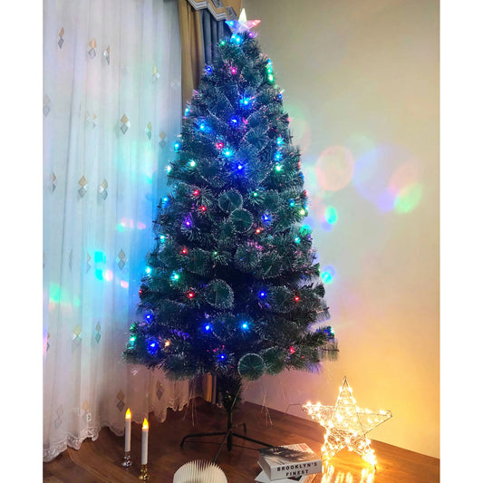 Brad Artificial de Craciun cu Fibra Optica idealStore, Inaltime 210cm, 125 Led-uri Multicolore, Joc de Lumini, Varf Stil Steluta Inclus, Gama Larga de Culori, Suport Solid Metalic Inclus, Culoare Verde