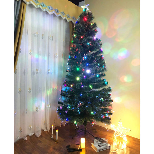 Brad Artificial de Craciun cu Fibra Optica idealStore, Inaltime 250cm, 145 Led-uri Multicolore, Joc de Lumini, Varf Stil Steluta Inclus, Gama Larga de Culori, Suport Solid Metalic Inclus, Culoare Verde