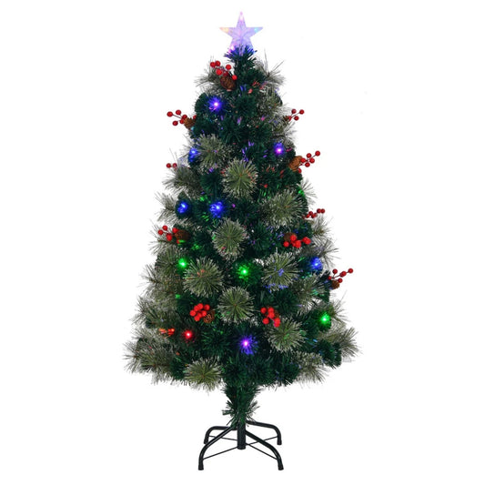 Brad Artificial de Craciun cu Fibra Optica idealStore, Inaltime 120CM, Contine 18 Led-uri RGB, Efecte Multicolore, Accesorizat cu Fructe Rosii si Conuri de Pin, Telecomanda Inclusa, Functie Timer, Aspect Natural, Suport Inclus