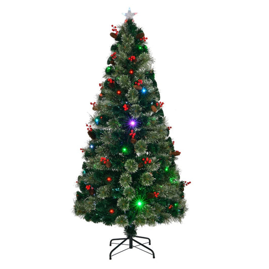 Brad Artificial de Craciun cu Fibra Optica idealStore, Inaltime 180CM, Contine 28 Led-uri RGB, Efecte Multicolore, Accesorizat cu Fructe Rosii si Conuri de Pin, Telecomanda Inclusa, Functie Timer, Aspect Natural, Suport Inclus