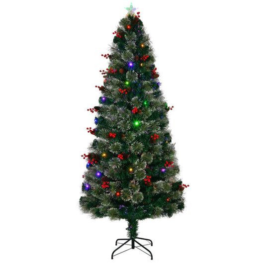 Brad Artificial de Craciun cu Fibra Optica idealStore, Inaltime 210CM, Contine 32 Led-uri RGB, Efecte Multicolore, Accesorizat cu Fructe Rosii si Conuri de Pin, Telecomanda Inclusa, Functie Timer, Aspect Natural, Suport Inclus