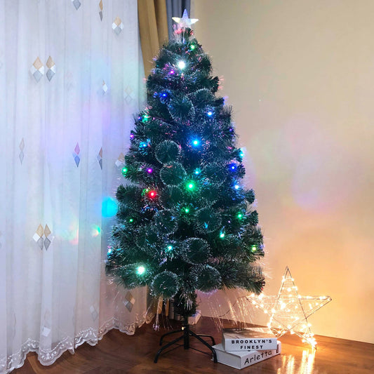 Brad Artificial de Craciun cu Fibra Optica idealStore, Inaltime 150cm, 78 Led-uri Multicolore, Joc de Lumini, Varf Stil Steluta Inclus, Gama Larga de Culori, Suport Solid Metalic Inclus, Culoare Verde