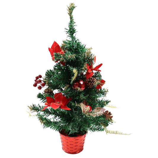 Bradut Decorativ de Craciun idealStore, Inaltime 60CM, Crengi de Brad cu Aspect Natural, Decorat cu Merisoare, Flori Rosii si Conuri de Brad, Perfect pentru Decorarea Mesei de Craciun