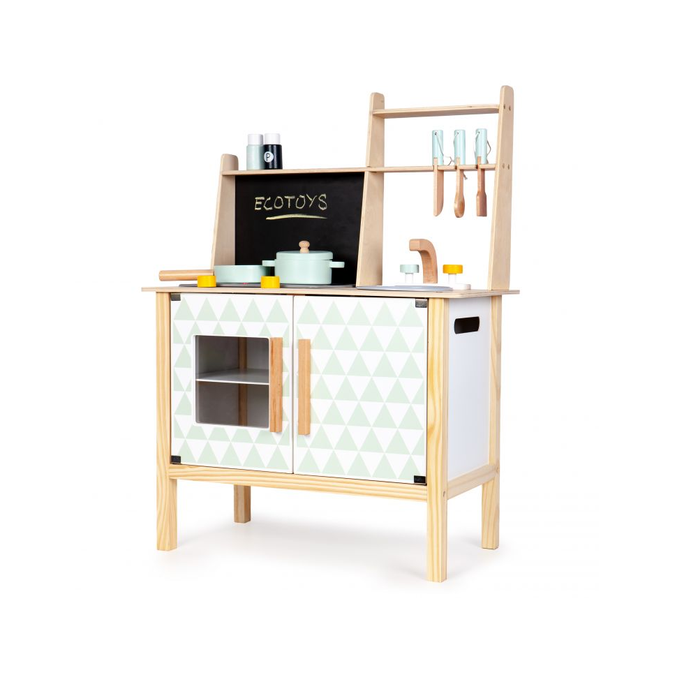 Bucatarie din Lemn pentru Copii, Bigshot BS2092WN, cu Tabla pentru Retete, Accesorii de Gatit, Alb - Natur