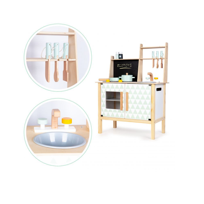 Bucatarie din Lemn pentru Copii, Bigshot BS2092WN, cu Tabla pentru Retete, Accesorii de Gatit, Alb - Natur