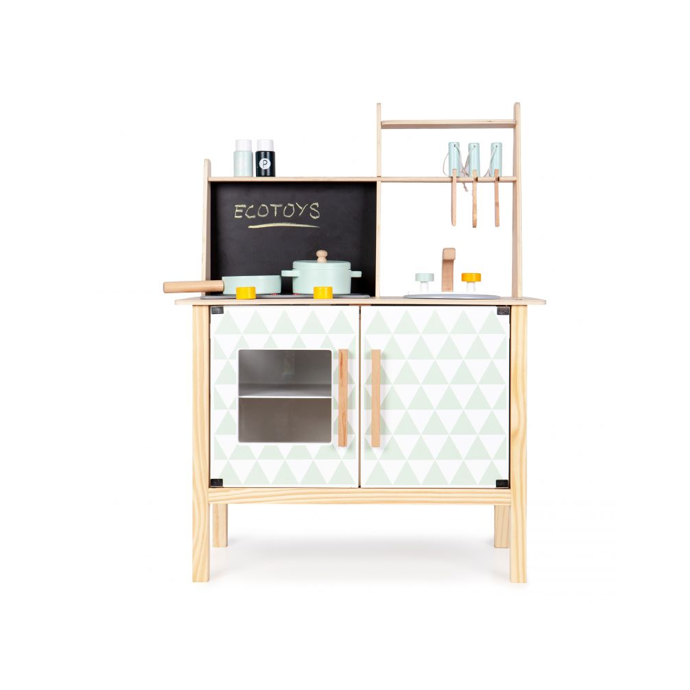 Bucatarie din Lemn pentru Copii, Bigshot BS2092WN, cu Tabla pentru Retete, Accesorii de Gatit, Alb - Natur