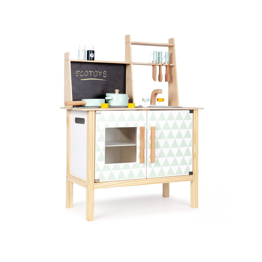 Bucatarie din Lemn pentru Copii, Bigshot BS2092WN, cu Tabla pentru Retete, Accesorii de Gatit, Alb - Natur