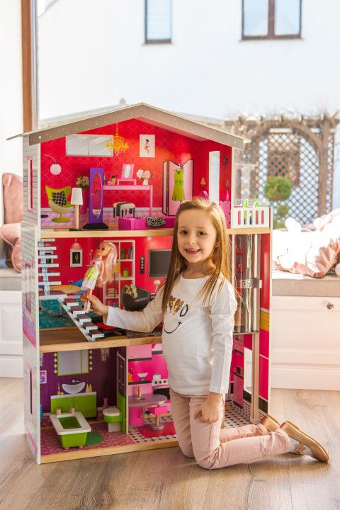 Casuta de Joaca Pentru Copii Malibu Residence, Bigshot BS4118MC, 3 Niveluri, 4 Incaperi, Baie, Bucatarie, Lift, Terasa, Piese de Mobilier Incluse, Papusa, 114 x 87 x 32 cm, Multicolora