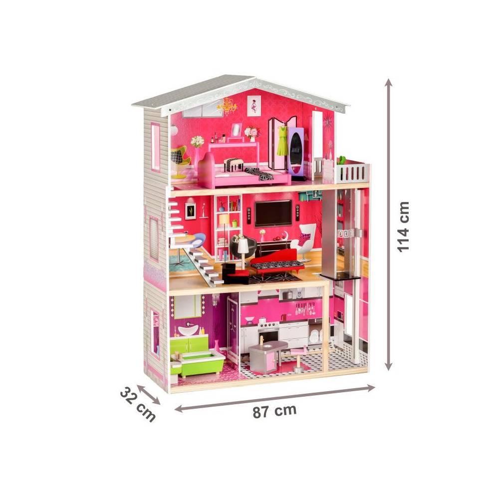 Casuta de Joaca Pentru Copii Malibu Residence, Bigshot BS4118MC, 3 Niveluri, 4 Incaperi, Baie, Bucatarie, Lift, Terasa, Piese de Mobilier Incluse, Papusa, 114 x 87 x 32 cm, Multicolora