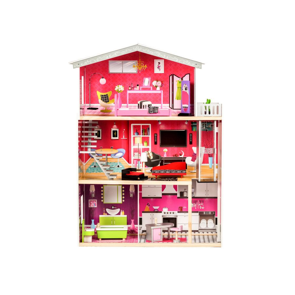 Casuta de Papusi din Lemn, Bigshot BS4118PNK, 3 Niveluri, Scara Interioara,, Lift, 4 Camere, Baie, Bucatarie, Papusa si 10 Piese Mobilier, Multicolora