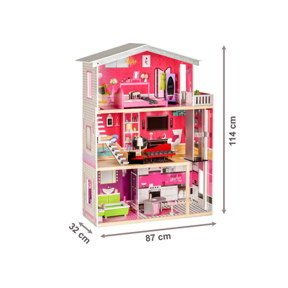 Casuta de Papusi din Lemn, Bigshot BS4118PNK, 3 Niveluri, Scara Interioara,, Lift, 4 Camere, Baie, Bucatarie, Papusa si 10 Piese Mobilier, Multicolora