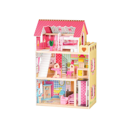 Casuta de Papusi din Lemn pentru Copii, Bigshot BS4120PNK, 3 Niveluri, 4 Incaperi, Baie, Bucatarie, Lift, Terasa, Mobilier, 2 Papusi, Roz