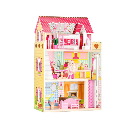 Casuta de Papusi din Lemn pentru Copii, Bigshot BS4120PNK, 3 Niveluri, 4 Incaperi, Baie, Bucatarie, Lift, Terasa, Mobilier, 2 Papusi, Roz