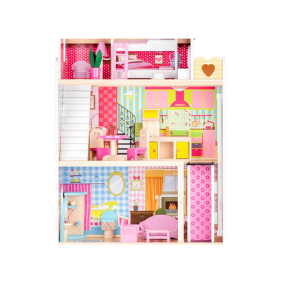 Casuta de Papusi din Lemn pentru Copii, Bigshot BS4120PNK, 3 Niveluri, 4 Incaperi, Baie, Bucatarie, Lift, Terasa, Mobilier, 2 Papusi, Roz